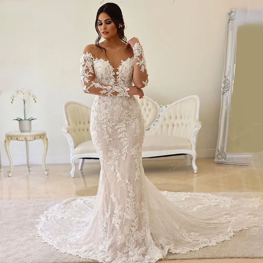 Beach Mermaid Wedding Dresses Scoop Neck Long Sleeves Lace Applique Backless Boho Bridal Gowns Train Mb631