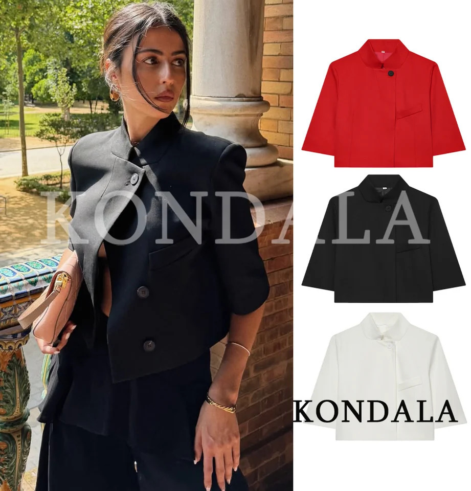 KONDALA Commute Short Sleeve Blazer Women Summer Elegant Stand-up Collar Short Blazer 2026 Trendy High Street Casual Blazer 260625