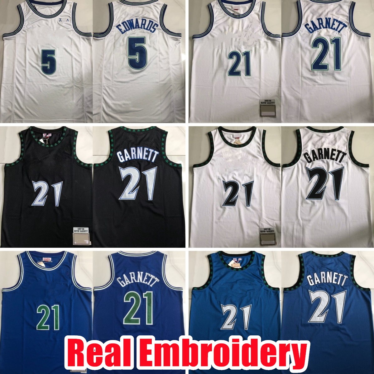 rare Real Embroidery Basketball Jerseys 21 Kevin Garnett 1997 #5 Anthony Edwards Authentic Stitched Jersey Shorts Mens S-XXL