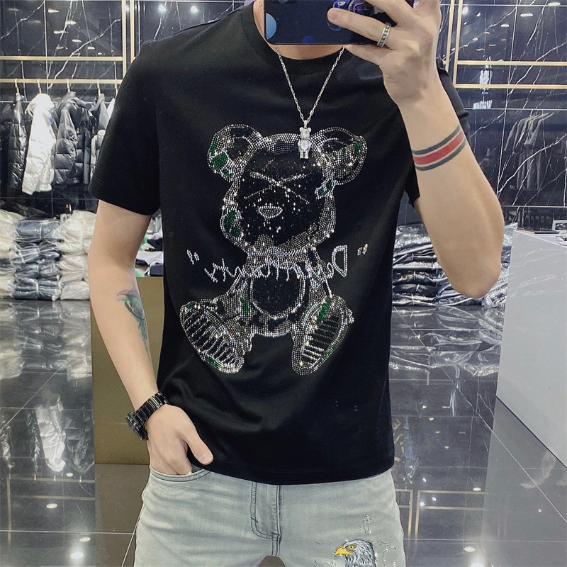 European Station 2024 Summer Trendy Brand Rhinestone Bear Men's Short Sleeve T-Shirt Loose Round Neck Ins Style New Design Men Round-Neck Pullo