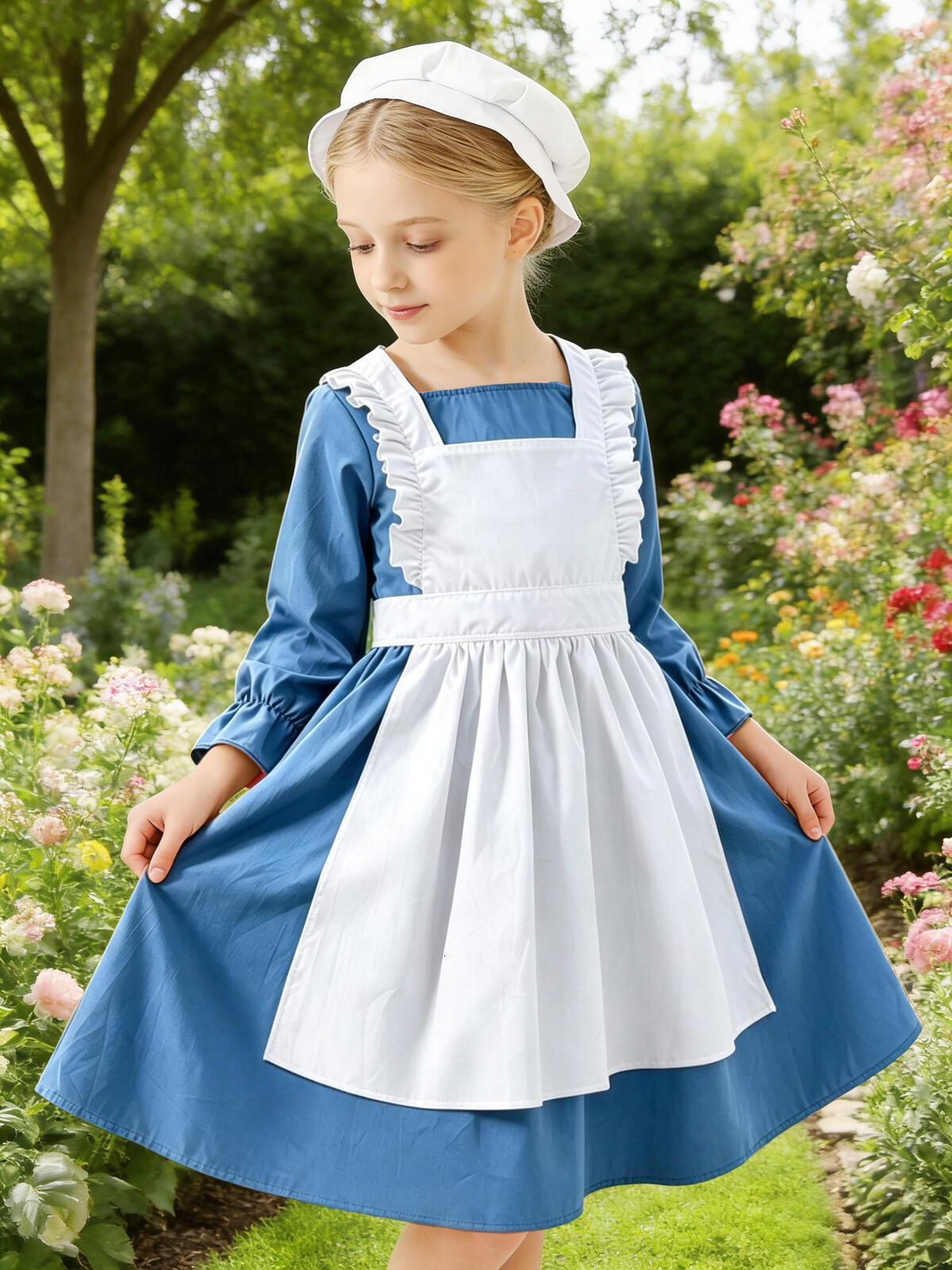 Kids Blue Long Sleeve Dress with White Apron Hat Set Vintage Maid Outfit Girls Garden Photo Shoot Costume Sweet Ruffle Pinafore Dresses for Party Da