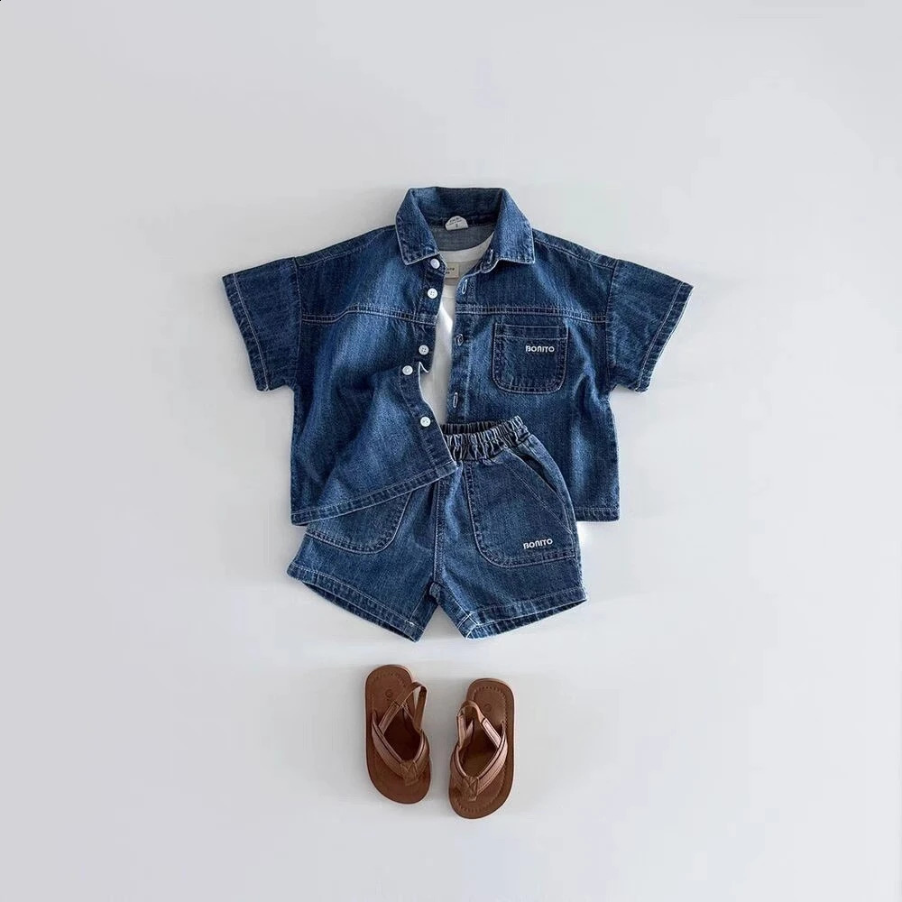 TZ2638 Korean Style Baby Boys Girls Short Sleeve Denim Shirt Shorts Set Summer Fashionable Cute Two-Piece Outfit for Toddlers260625