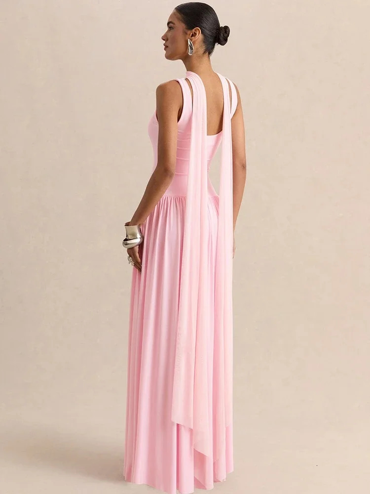 Chaxiaoa U Neck with Scarf Backless Sexy Maxi Dress Women Elegant Sleeveless Bodycon Pleated Club Party Long Dress Female 260624