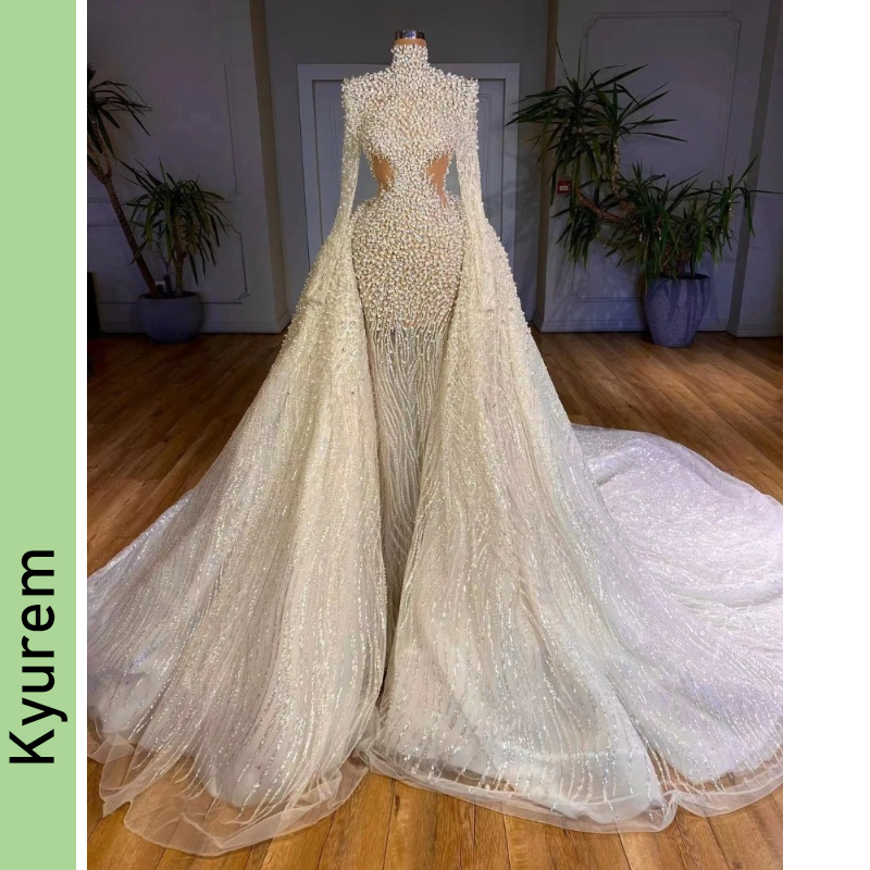 Luxury Pearls Long Sleeves Wedding Dresses with Detachable Skirt Beaded Vestidos De Novia Princess Bridal Gowns Vestido De Casamento