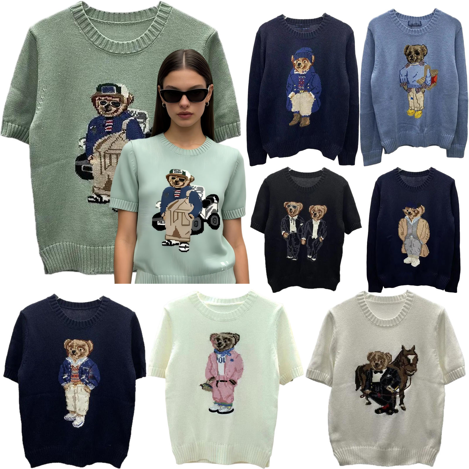 Sweater Summer Womens Cartoon Bear Embroidery Knitted Sweater Round Neck Short Sleeve Cotton Blend Comfortable Casual Pullover Top