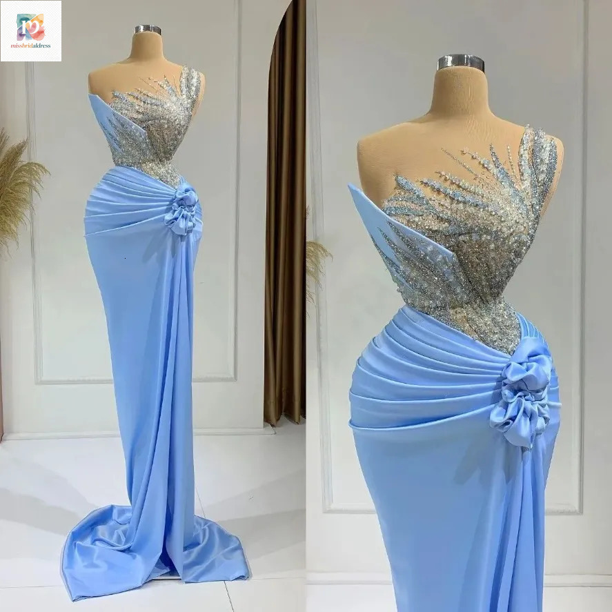 Luxury Baby Blue Beaded Prom Dresses 2025 Mermaid Formal Long Evening Dress With Slit Handmade Flowers Speacial Occasion Party Women Vestido De Fies