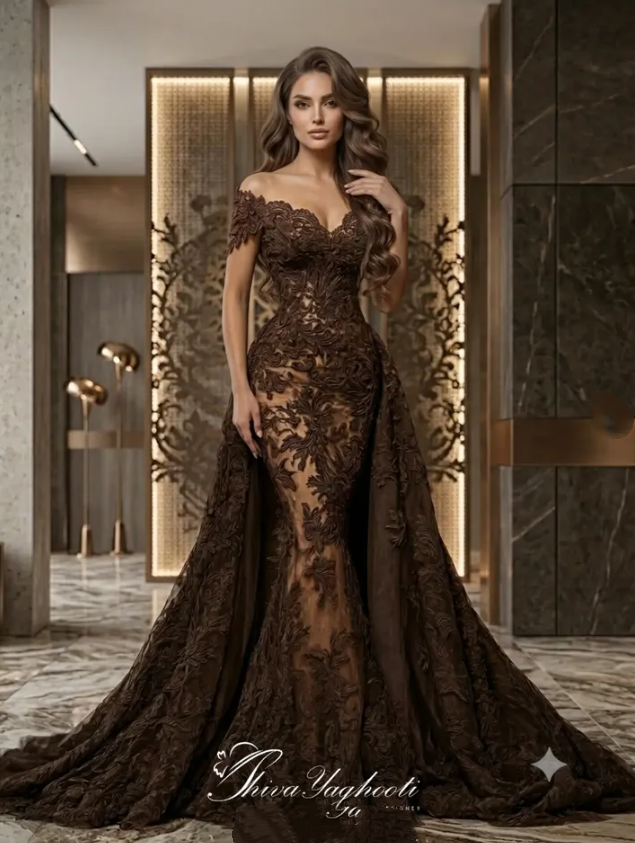 Chocolate Mermaid Long Evening Party Dress with Detachable Train Luxury Lace Applique Off Shoulder Prom Gala Formal Gown Customi