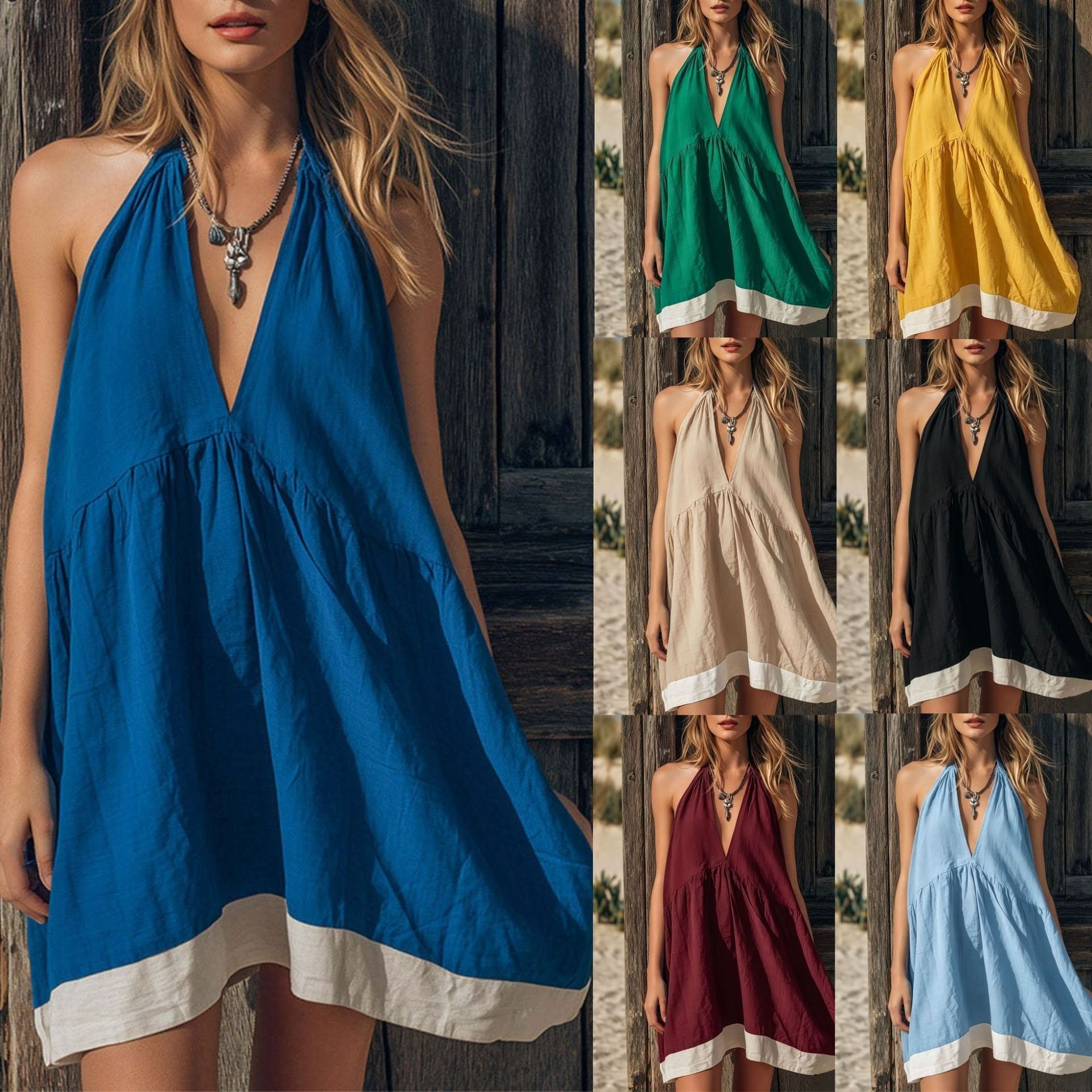 Designer 2026 European And American New Luxury Summer V-neck Holiday Style Loose-fitting Color-blocked Short Dress Free Shipping