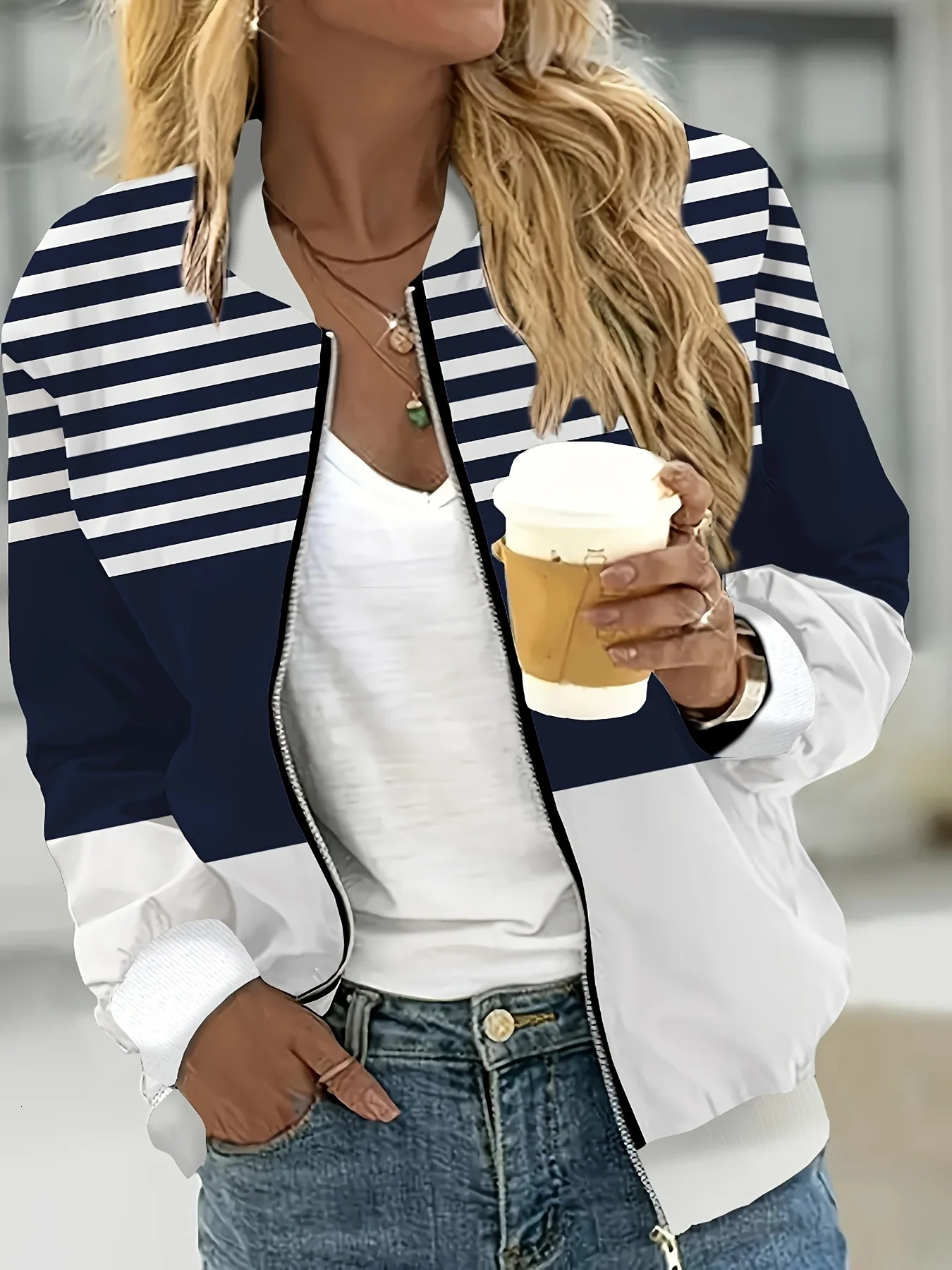Spring and Autumn Fashion Womens Striped Print Zipper Outerwear Casual Jacket Long Sleeve Baseball Top 260624