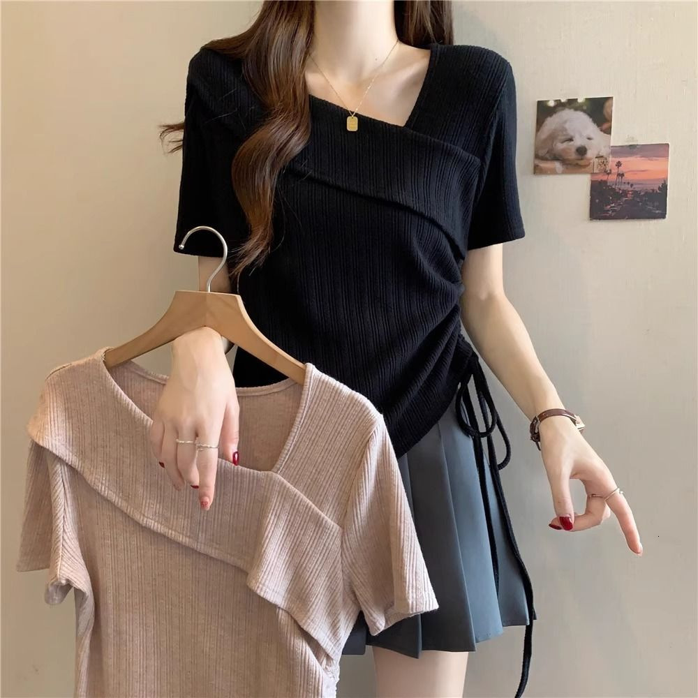 Designer 2026 Irregular Short-sleeve T-shirt Luxury For Women, Summer Plus-size Design, Slimming And Unique, V-neck Drawstring Short Top Free Shippi