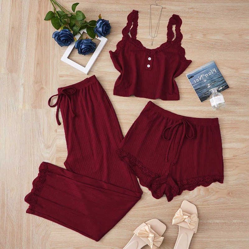 Conjuntos de pijama de 3 piezas para mujer de verano, chaleco liso, pantalones cortos y pantalones combinados con empalme de encaje para ropa de cas