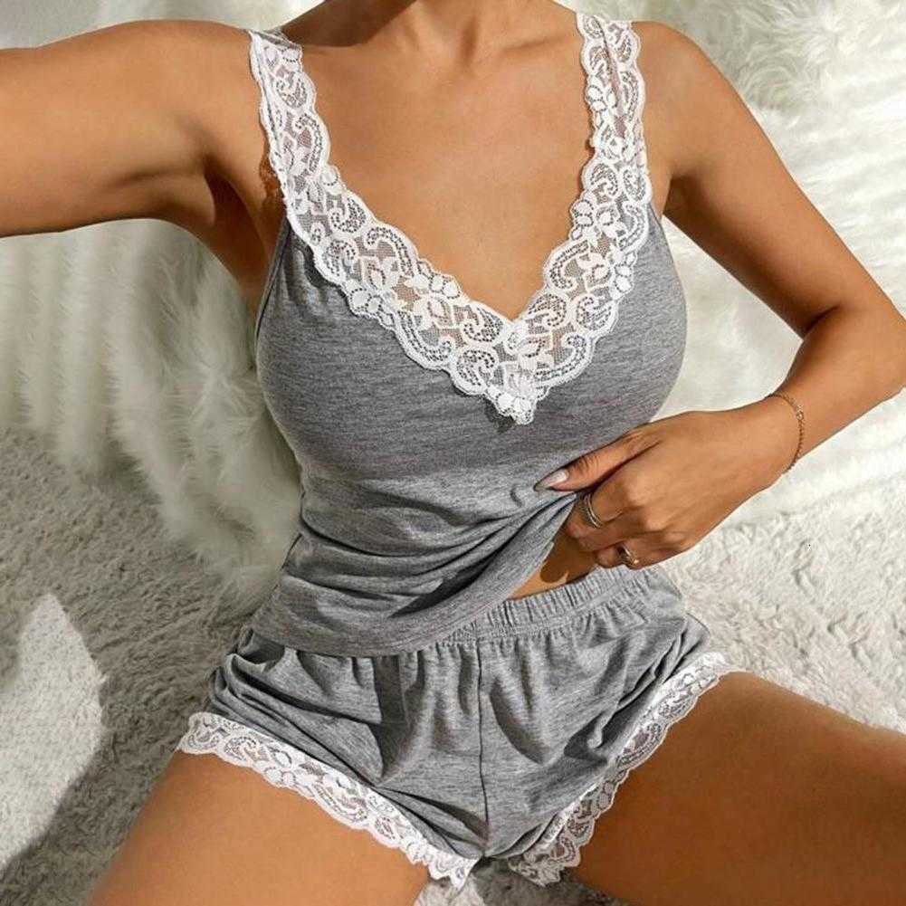 2pcs Pajama Set for Summer Women Sleepwear Lace Trim V Neck Sleeveless Tank Top Elastic Waist Shorts Set Homewear Lounger M260625
