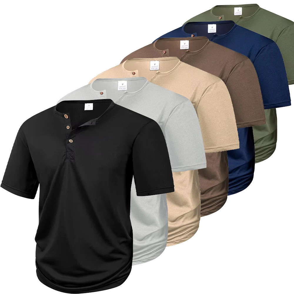 Mens Casual Henry T Shirt Summer Brown Button Solid Color Polo Short Sleeve Breathable Comfortable Sports Loose Tshirt 260624