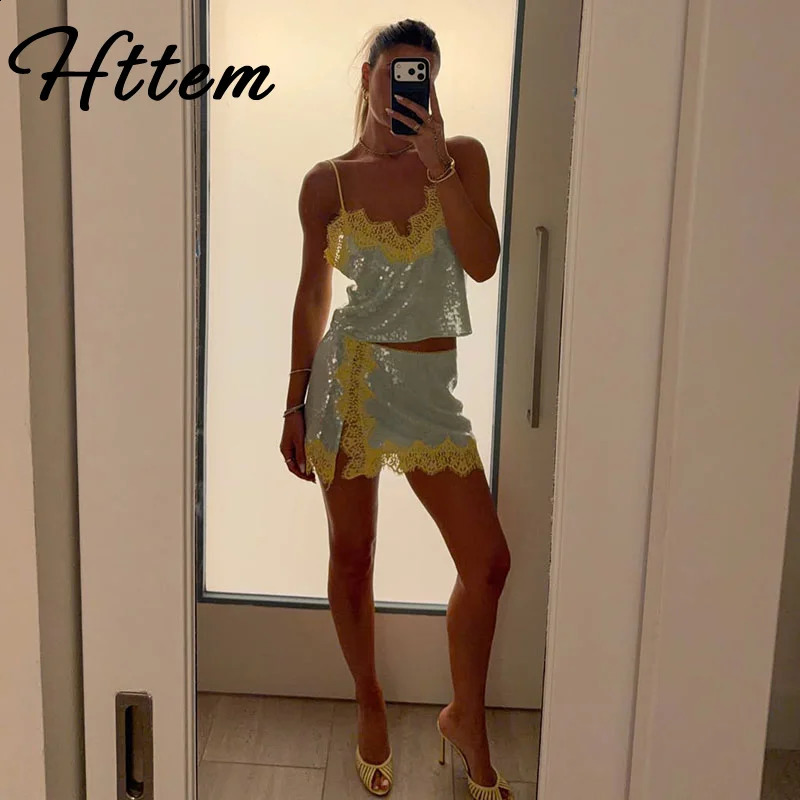 Sexy Sequined Patchwork Womens Vest Skirts Suit Sleeveless Slip Top Split Skirt 2026 Summer 2 Pieces Set Women Vacation 260625