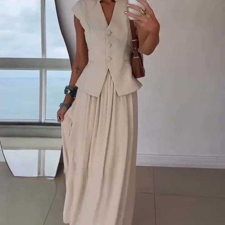 Fashion Elegant Women Two Piece Skirts Set V-Neck Sleeveless Slim Vest + High Waist Pleated Patchwork Long Skirt Streetwear Office Lady 260625