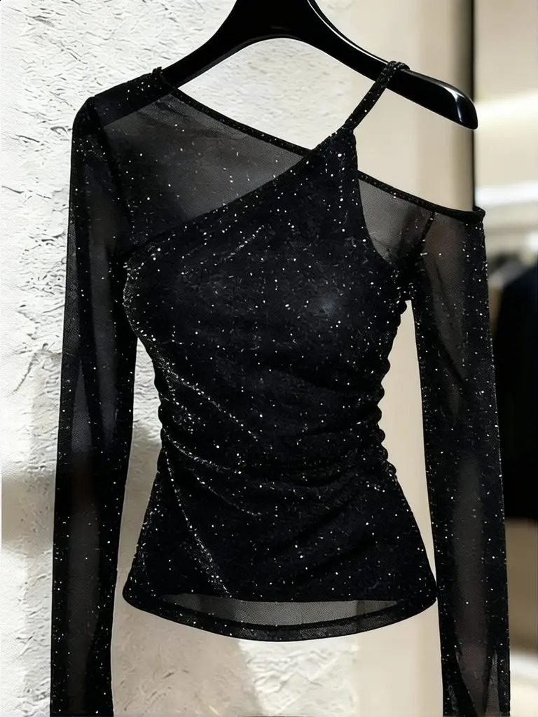 ner two-piece Bling Sequin Tops Women Long sleeve Off shoulder T-Shirt Ladies Sexy Mesh Top Basic Blouses 260625