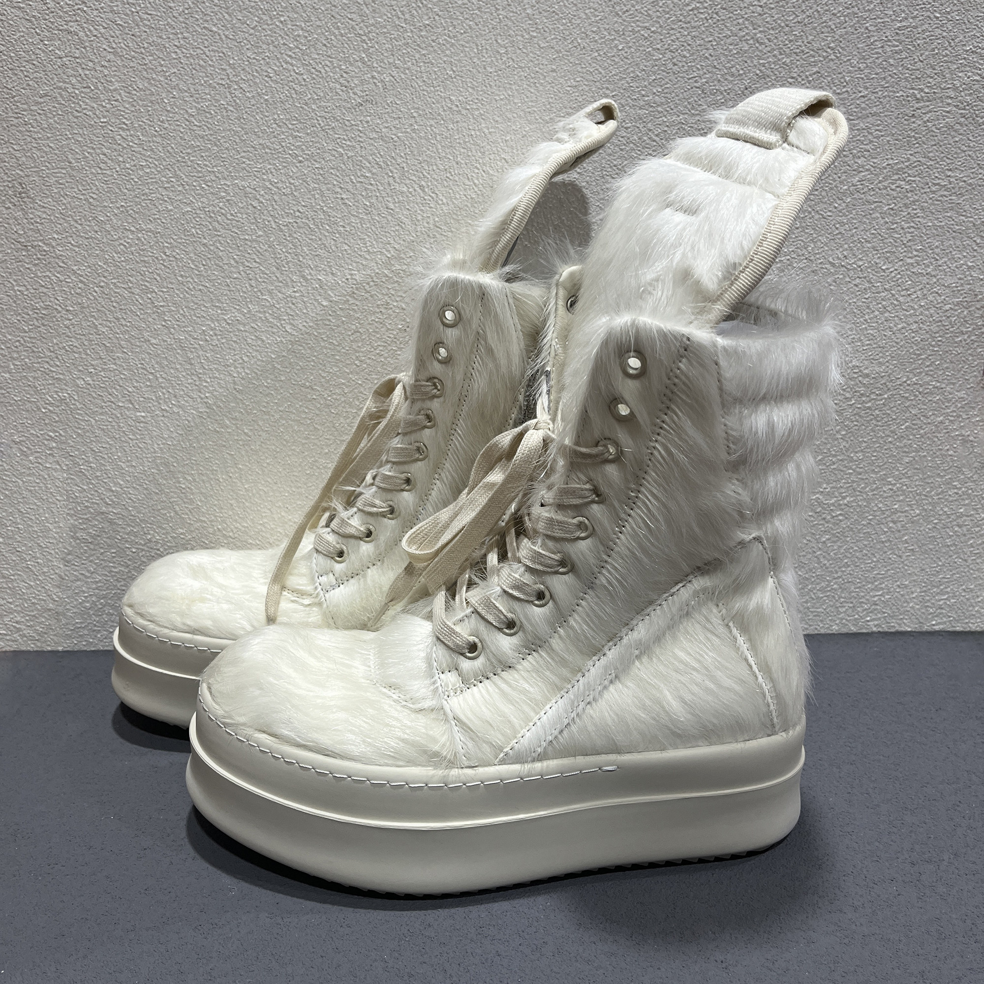 New High Top Platform Boots Horsehair Fur Real Leather Lace Up Zip Luxury Autumn Designer Sneakers White Boots