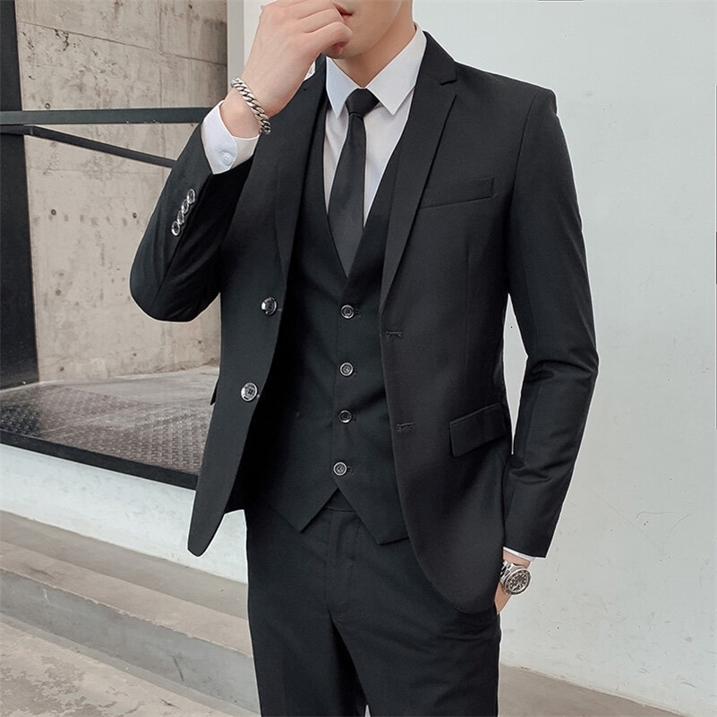Solid Color Suit Mens Fashionable Gentleman Business Banquet Korean-style Formal Dress Casual Wedding BlazerVestTrousers 260624BJ