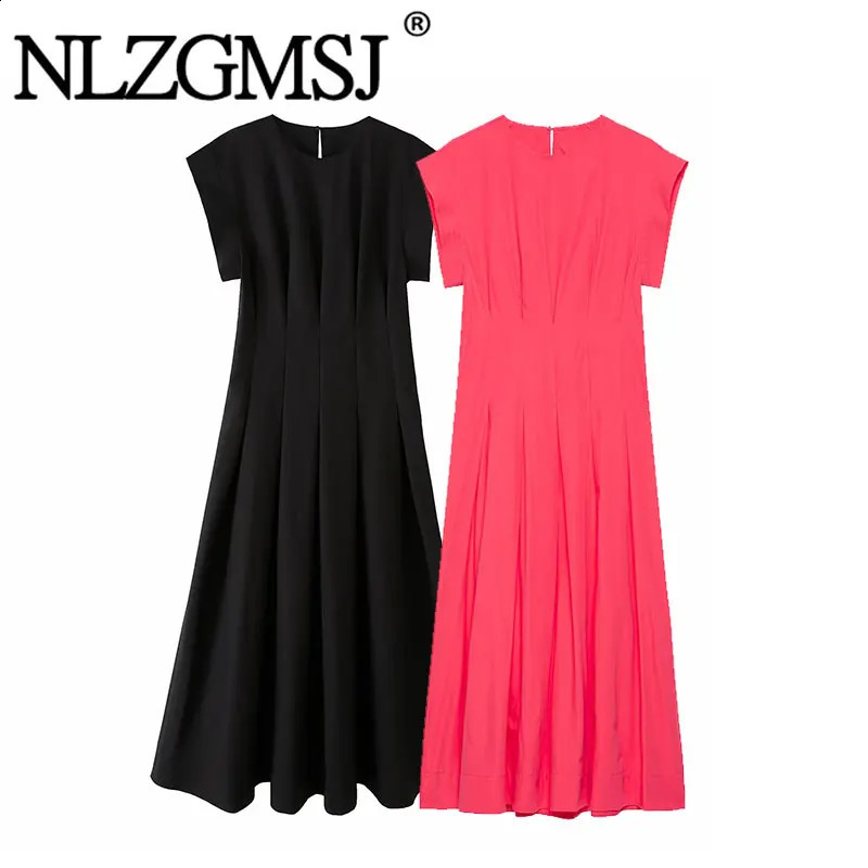 Nlzgmsj 2026 Summer Elegant Black Midi Dress Women Minimalist Cap Sleeve Structured Shoulder Casual Office Work 260625