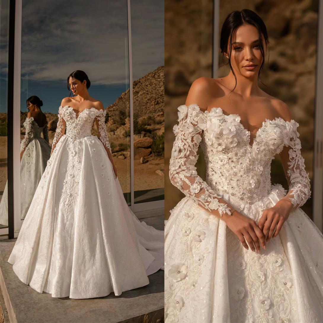 Designer A Line Wedding Dress For Women Off Shoulder Long Sleeves Bridal Gown 3D Appliques Sequins Sweep Train Dresses Custom Made vestidos de novia
