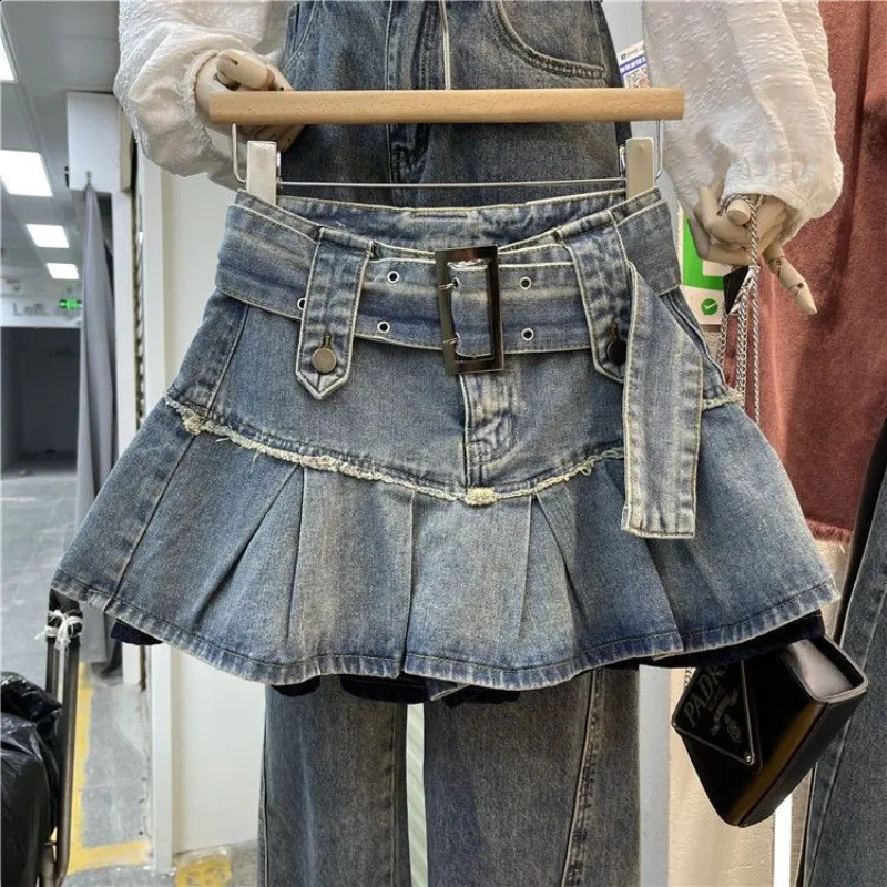 American Style Vintage Belt Denim Skirt 90s Sexy Aline Mini Summer Y2K Harajuku High Street Fashion 2026 260617