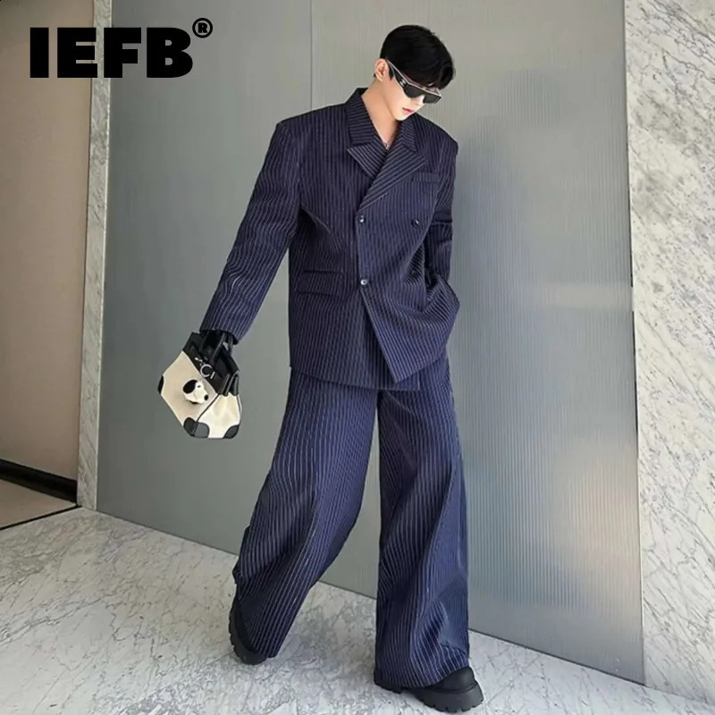 IEFB Striped n Mens Sets Casual Lapel Double Breasted Suit Jackets Elastic Waist Straight Wide Leg Loose Male Pants 9W331 260624BJ