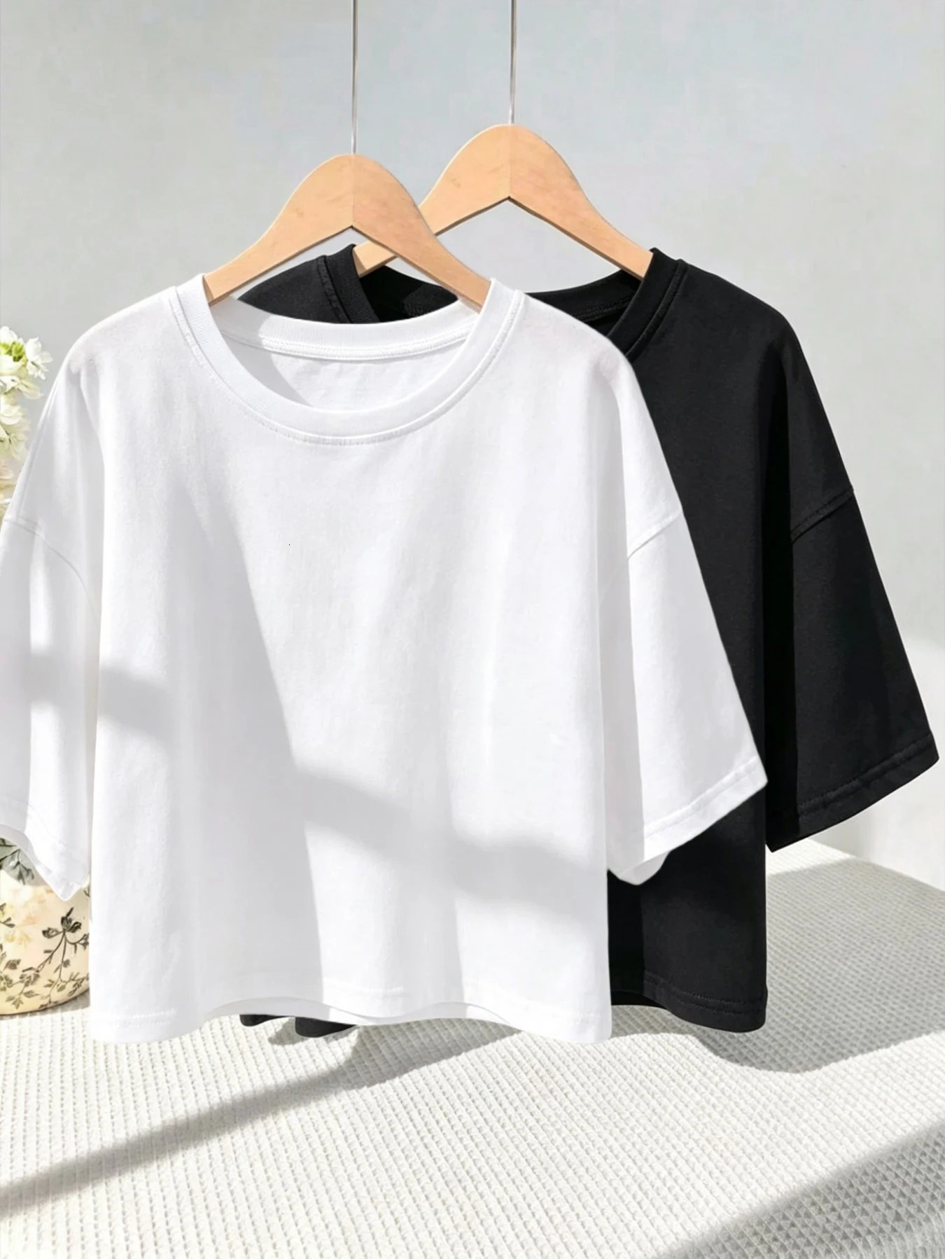 2PCS Black White Color Solid Crop Womens T Shirt Summer Cotton Short Sleeves Oversized Fashion Tee Top Casual Crewneck TShirt 260624