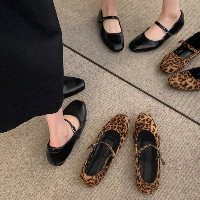 Leopard Square Toe Women Loafers Flats Fashion Shallow Buckle Shoes 2026 Spring Ladies Elegant Soft Sole Mary Jane Shoes 260624