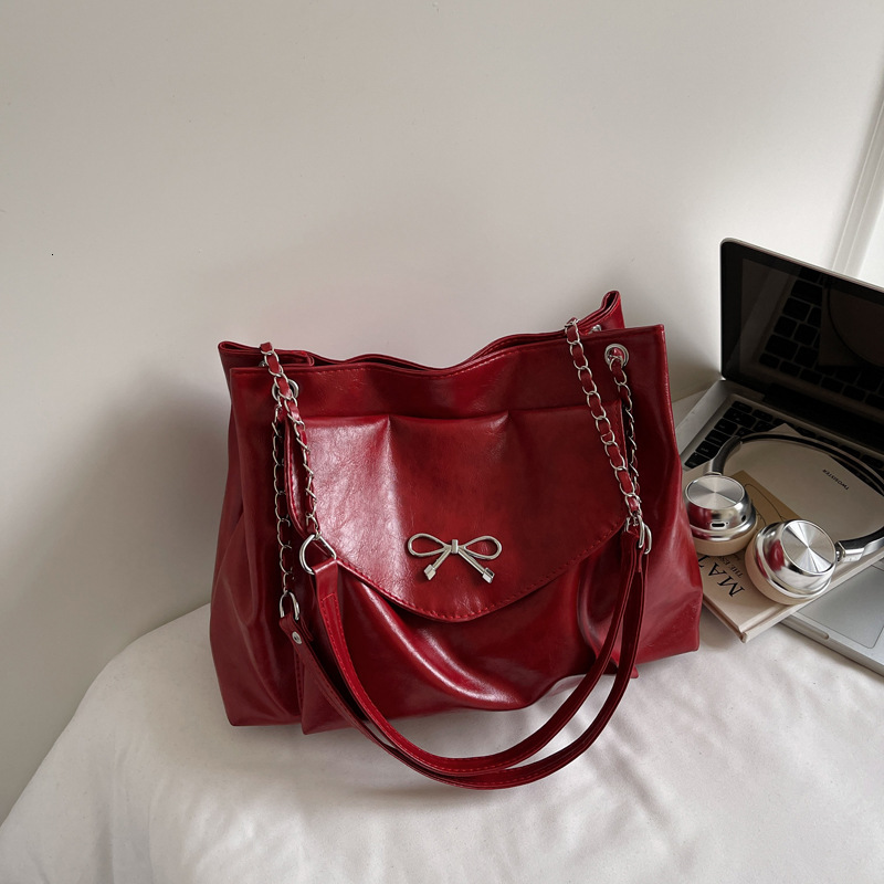 Solid Color Casual Women's Large Capacity New Textured Chain Bow Simple Elegant Crossbody Tote Shoulder Bag