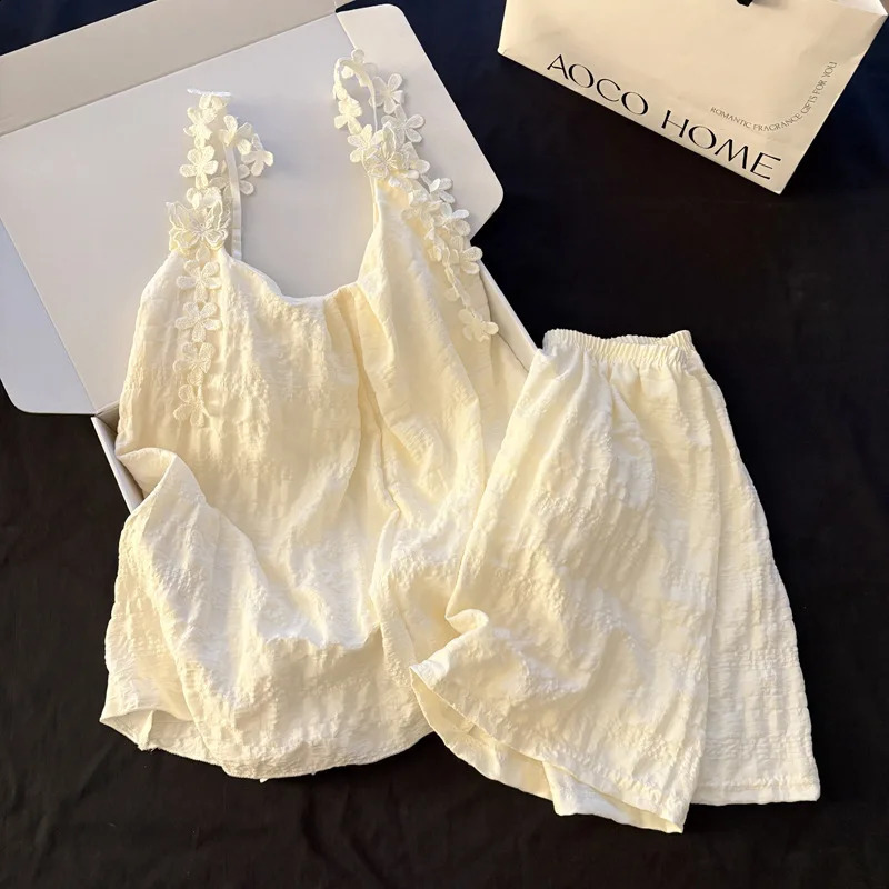 Summer Womens Strap with Chest Mat Pajama Home Clothes Set Solid Color Loose Shorts Two Piece 260625