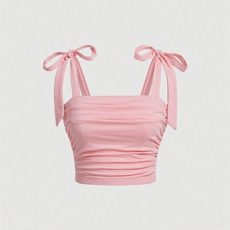 Solid Tie Shoulder Ruched Wide Strap Slim Fit Crop Top for Women Summer 2024 Y2K Clothes Pink Backless Cami Streetwear y260618banjia