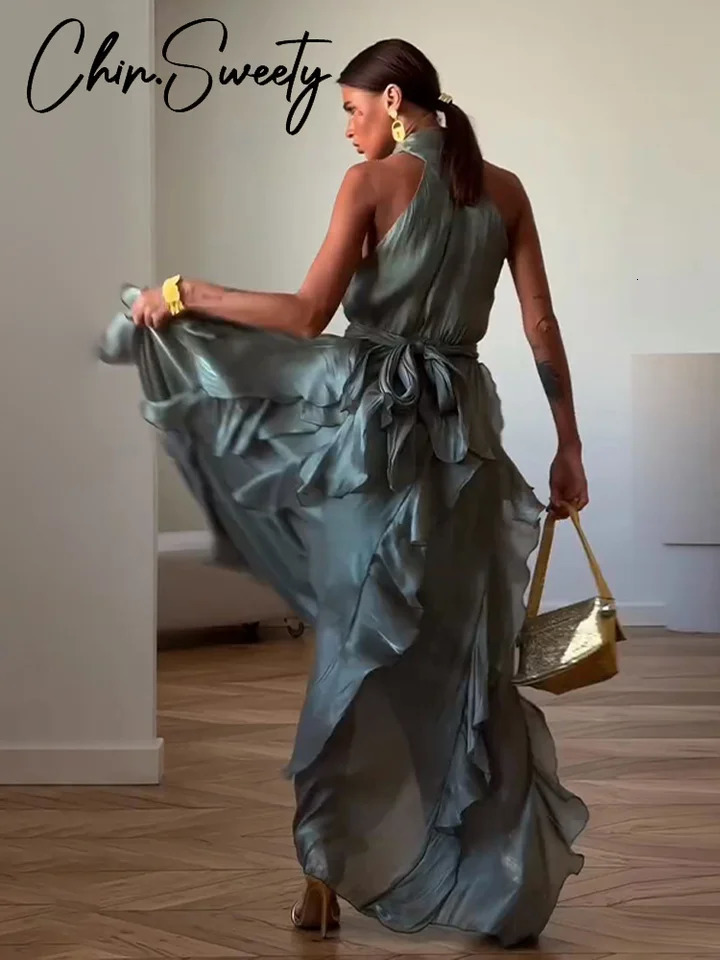 Sexy Cascading Ruffle Pleated Women Long Dress Fashion Lace Up Sleeveless Empire Female Dresses Spring Summer Lady Robe 260624