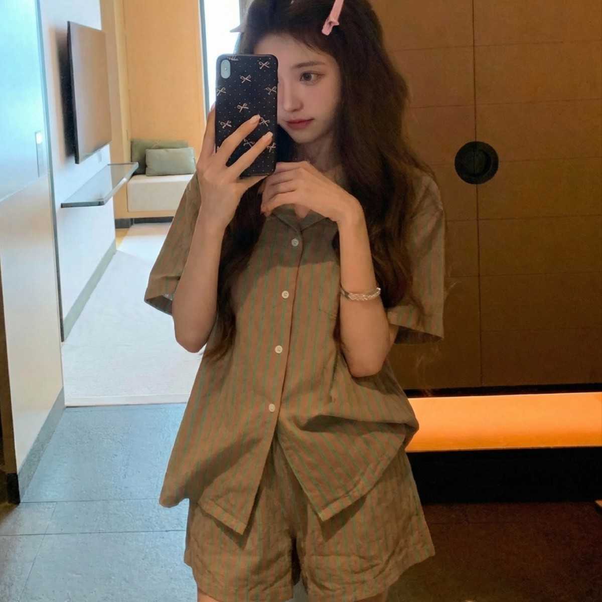 Summer New Clothing Summer Womens Wear Sweet and Simple Style Girls Striped Short Sleeve Pajamas Home Wear Plus Size Pajama Se M260625
