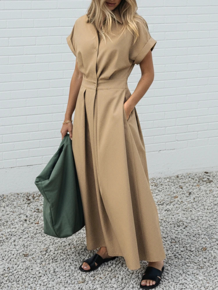 ZANZEA Elegant Chic Women Long Dresses Casual Short Sleeve Collared High Waisted Casual Day Shirt Dress Solid Color S-3XL 260625