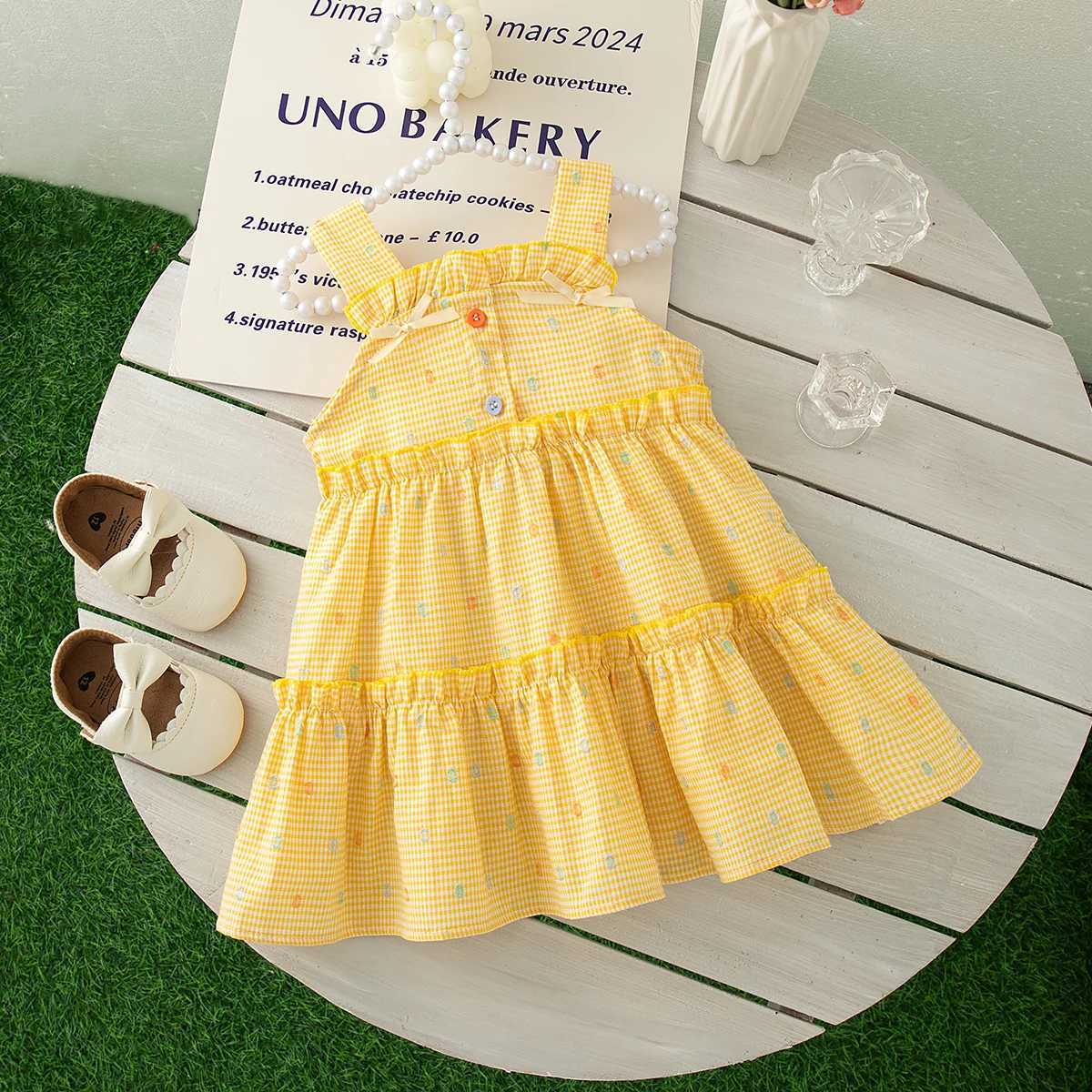 Summer Beach Casual Dresses for Baby Girls Colorful Embroidered Bow Yellow Checker Suspender Dress Korean Style Children Clothes Y2606255FLI