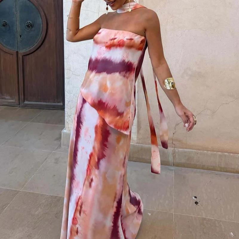 2026 Summer Print Vacation Two Piece Sexy Strapless Hollow Top and Long Skirt Beach Set Womens Fashion Backless Cocktail Outfit 260625