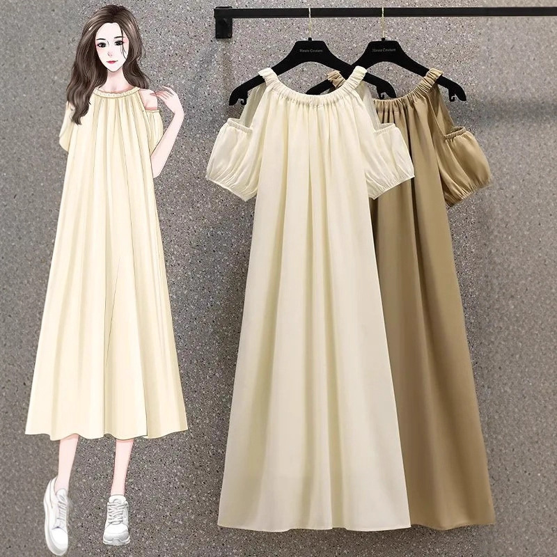 Luxury Designer 2026 Korean Style Loose Off-shoulder Elegant Summer Plus Size Women's Clothing For Curvy Women Belly Covering French Sweet Mid-