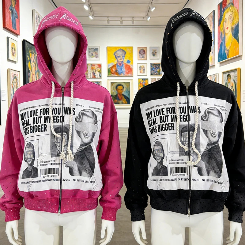 Vintage Portrait Letter Printed Funny Long Sleeve Loose Zipper Hoodies Y2K Autumn Winter Fashion Hip Hop Punk Grunge Casual Coat 260624