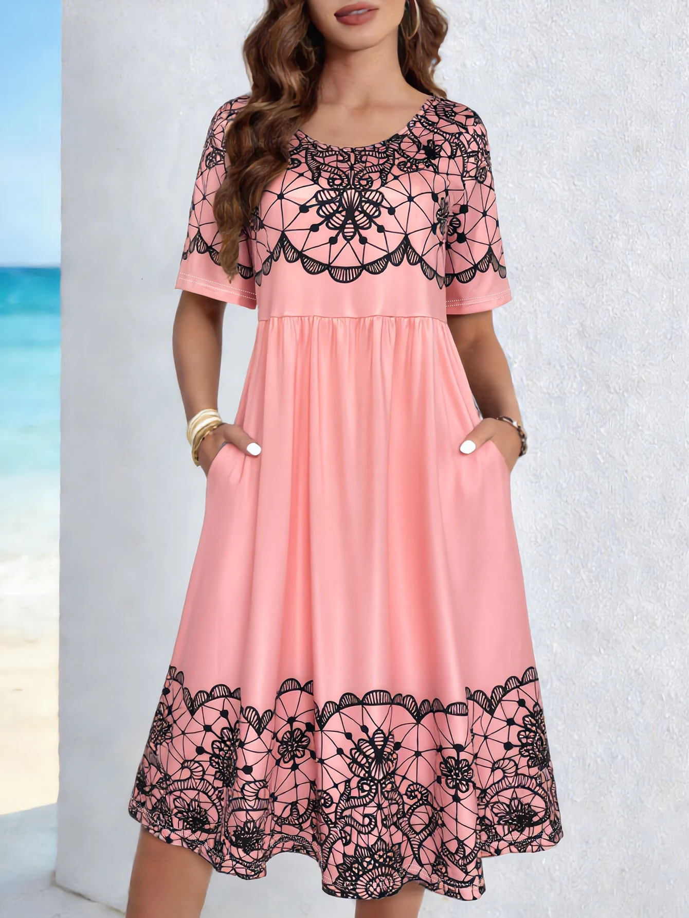 Womens Pink Black Lace Print Midi Dress Round Neck Short Sleeve Casual Sundress with Pockets Flowy Fit for Summer Vacation 260624
