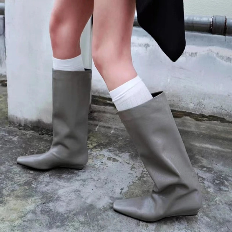 Autumn Retro Square Head Show Skinny Loose Sleeve Booties Wide-leg Low-heel Non-slip Mid-leg Fashion Boots 260624