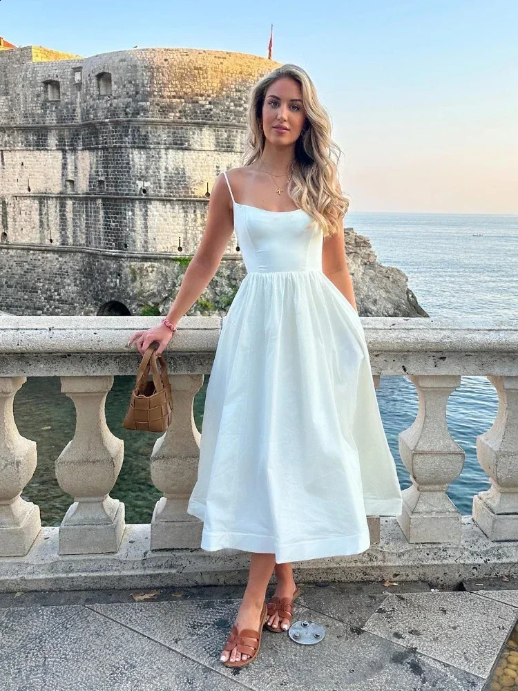 Womens Dresses Pink Elegant and Pretty Midi White Vacation Dress Spaghetti Strap Beach Dress A Line Party Dresses 260625