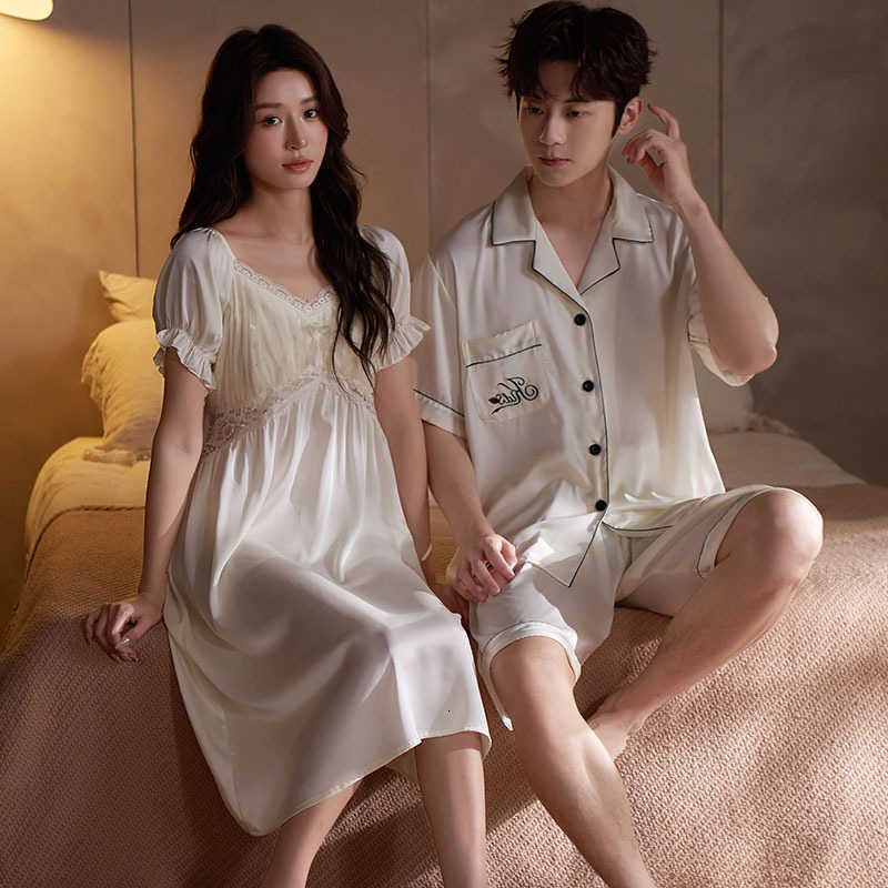 Pajamas Couple 2025 Set New Womens Short Sleeve Nightdress Men Cardigan Ice Silk Casual Home Clothes Thin Summer Lingerie M260625