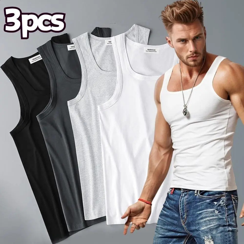 3pcsLot Cotton Sleeveless Tshirt Mens And Womens Solid Color Casual Bottoming Shirt Summer Vest Fit Sports Fitness 260625