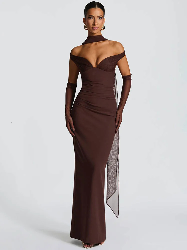 Mozision Scarf Collar Off-shoulder Sexy Maxi Dress Women Gown Fashion With Sleeve Strapless Backless Club Party Long Dresses 260624