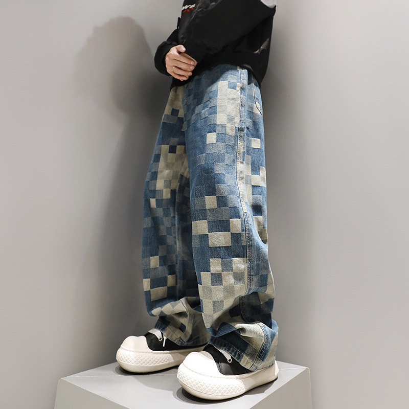 Mosaic Checkerboard Patchwork Jeans For Men And Women, Early Autumn American Retro Vibe Pants, Straight Slim Fit Slightly Flared Pants