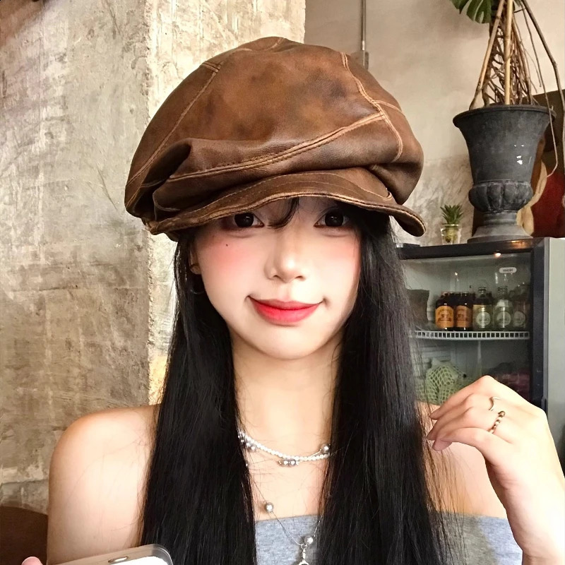 Personalized Wastelands Style Pleated PU Leather Berets for Women Spring Autumn Retro British Versatile Casual sboy Hats 260624