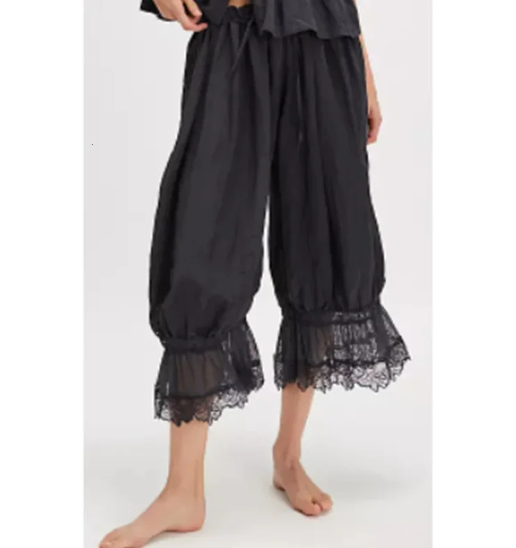 Womens Y2K Loose Fit Bloomers Cropped Pants Drawstring High Waist Floral Lace Patchwork CalfLength Lantern Trousers 260624