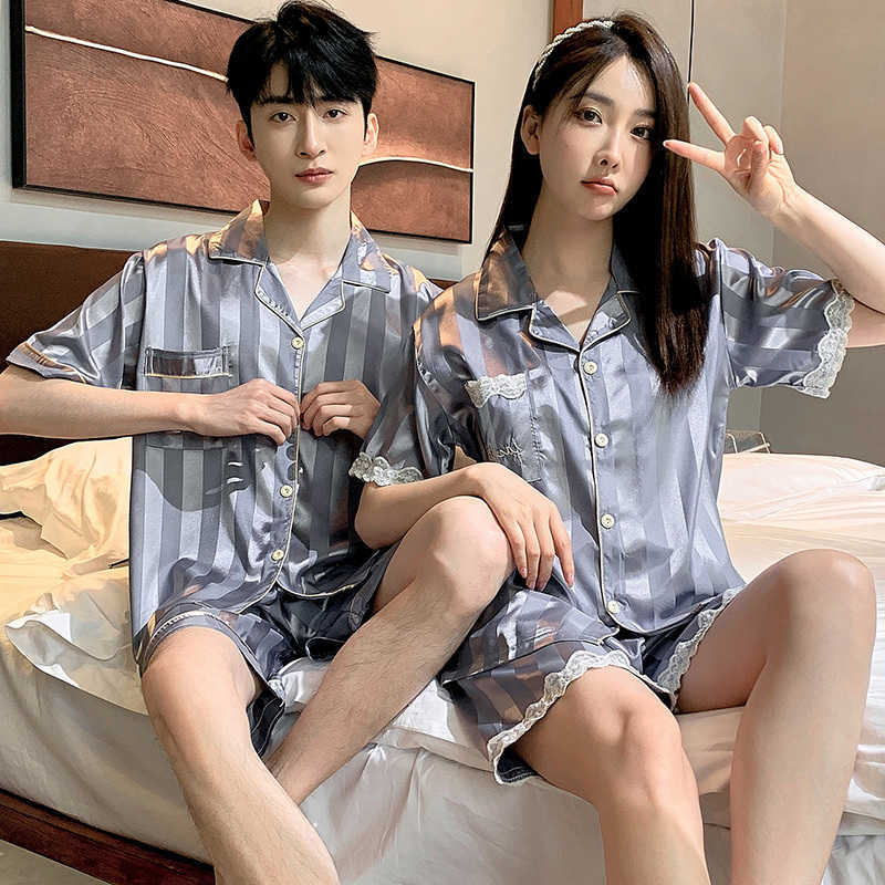 Quality Couple New Pajamas High Suit Women Ice Silk Summer Loungewear Men Satin Solid Classic Sleepwear Set Cardigan Homewear M260625