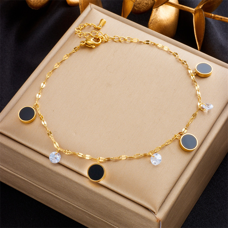 fashion retro simple transparent diamond black disc pendant chain titanium steel beach style foot accessory anklet