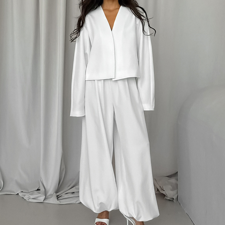 Women's Fashion Autumn Solid Color V-Neck Long Sleeve Cardigan And Wide-Leg Pants Two-Piece Casual Set LEEGO LENS